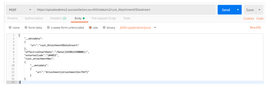 Postman.
OData API- Insert custom MDF record to an employee with attachment ID (via Postman)